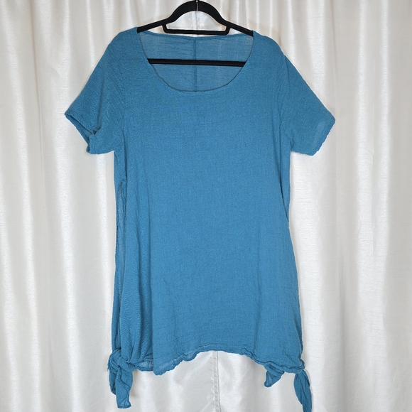 MEO MELI Tops - MEO MELI Made In Italy 100% Linen Tunic Top Blue Short Sleeve Lrg/XL Cottagecore